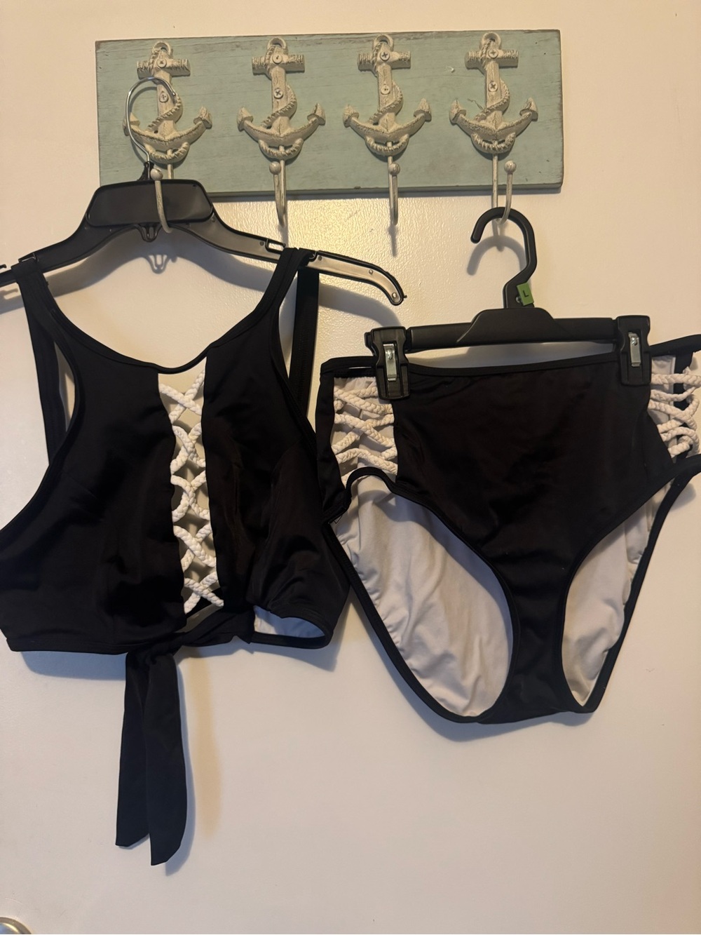VENUS Black Bandeau Two-Piece Swim Set with White Lattice Detail